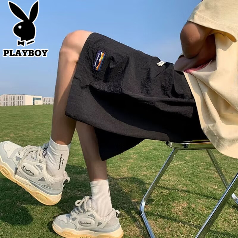 花花公子（PLAYBOY）短裤男夏季短裤子男字母印花宽松休闲运动沙滩薄款冰丝五分中裤 黑色 XL 推荐125-136斤