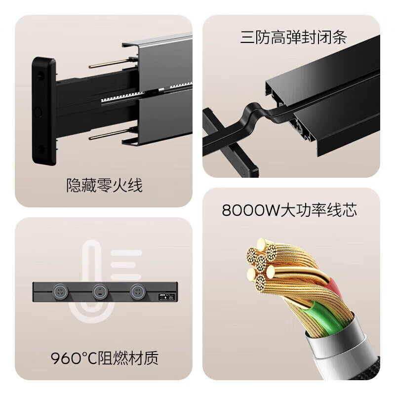 公牛王电器轨道插座德国品质电工可移动轨道插座明装式电力滑动导轨电源 黑色60CM轨道(五孔-带灯*3)黑色 e