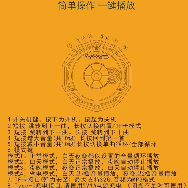 音絮户外弗歌静心音乐太阳能自动充电播放器24小时不间断播放防水插卡 香槟金   播放机插卡1300首