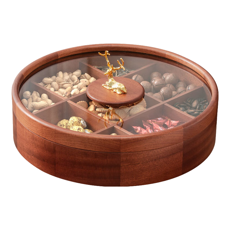 木雅軒胡桃木實木果盤零食盤客廳大號水果盤家用干果收納盒木質糖果盤 六宮格故宮點梅【含6個玻璃碗】