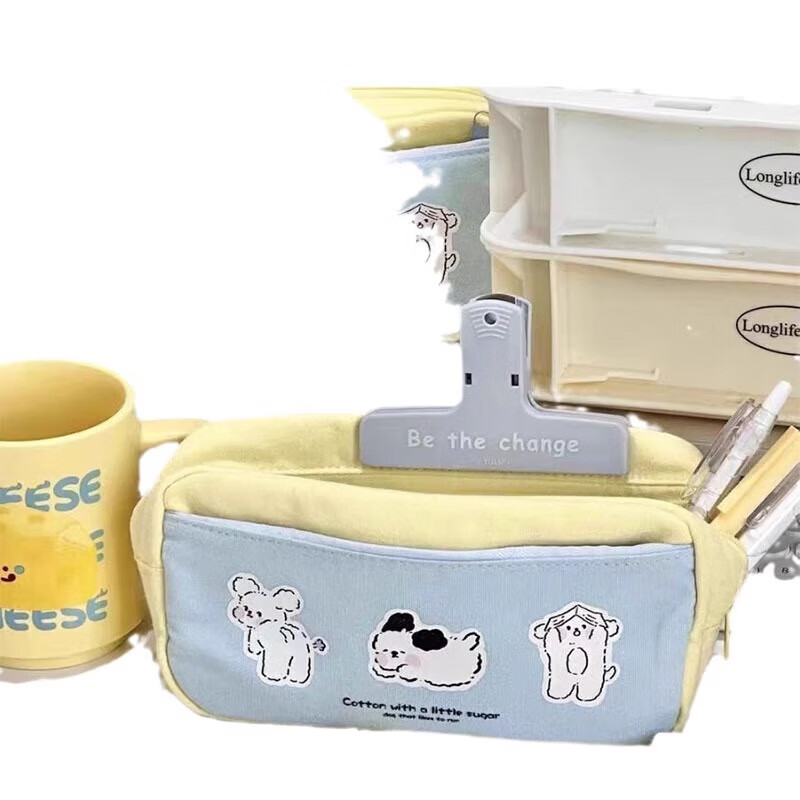 国誉【工厂直供】笔袋高颜值帆布大容量女小学生初中高中简约日系铅笔 三只小狗笔袋-黄色-1个(袋装)