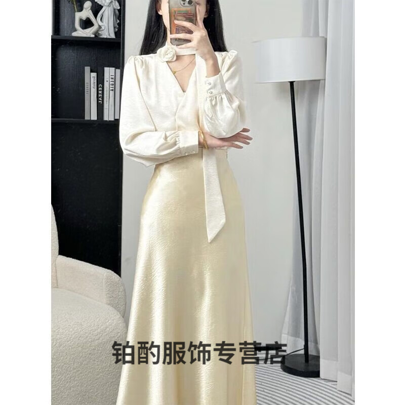 云初墨职业女装高端套装高级感2025秋季新款气质淑女上衣半身裙显瘦衬衫 香槟米色上衣+香槟米色半身裙 XL