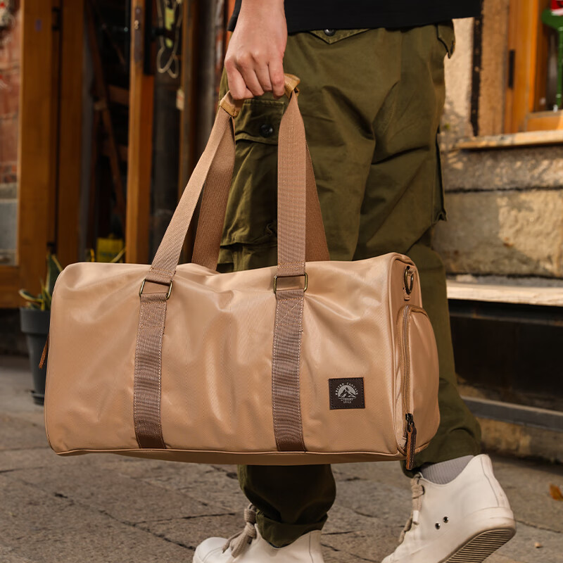 新潮代旅行包男士大容量手提健身包干湿分离男短途旅行包行李运动斜挎包 卡其色