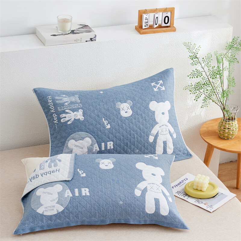 多兰诗（Duolanshi）原棉纱枕巾一对装 加大加厚卡通风简约吸汗透气柔软四季枕罩枕巾 暴力熊蓝 52cm*78cm 枕巾【一对装】