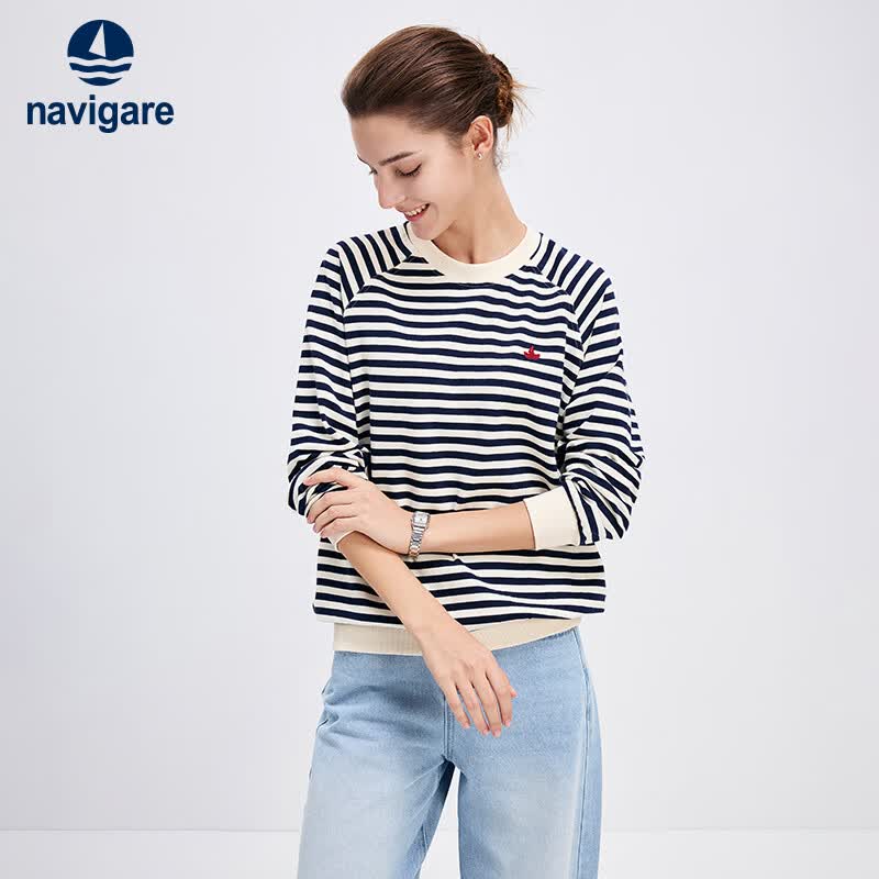 Navigare意大利小帆船女士卫衣春秋季圆领条纹女装休闲宽松显瘦纯棉上衣 蓝白条纹 L