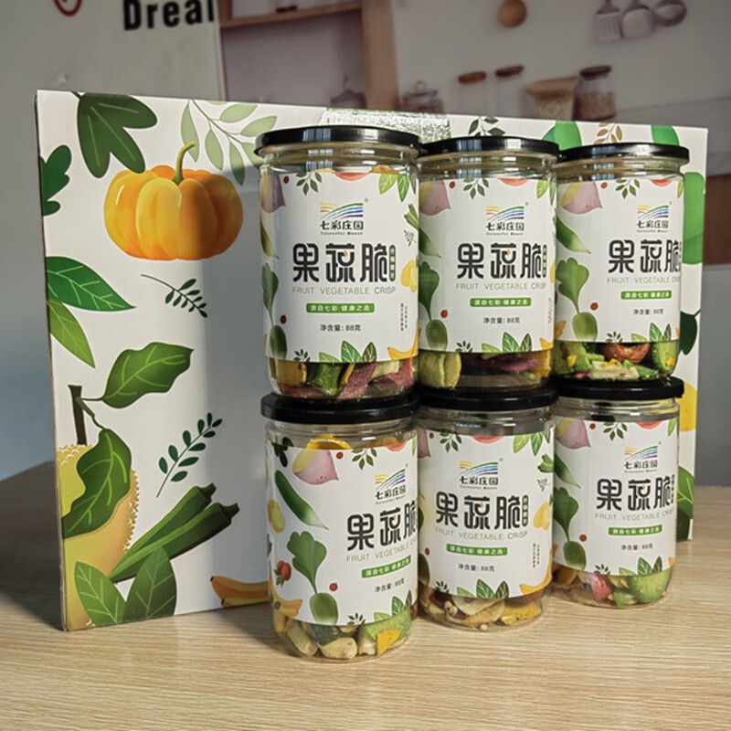 七彩庄园什锦果蔬脆满6送礼盒潍坊寿光蔬果片特产综合果蔬干零食 88g*6瓶送精美礼盒空专拍