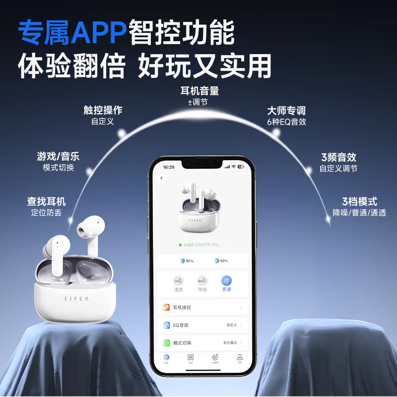 伊菲尔（Eifer） 916 Pro 主动降噪无线蓝牙耳机入耳式高音质超长续航游戏模式防水防汗运动 流光白（智联APP版） ANC主动降噪+低音增强+定位查找