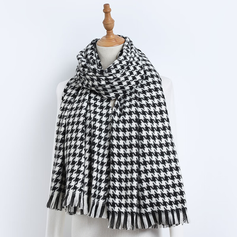 达芬奇密码围巾女春秋季学生欧美风保暖围脖情侣男女格子披肩 经典千鸟格 黑白