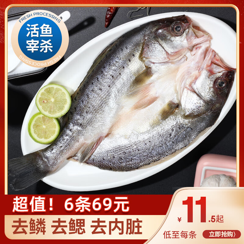 简鲜三去白蕉海鲈鱼冷冻鱼类海鲜去鳃去鳞去内脏 净重200g*6条