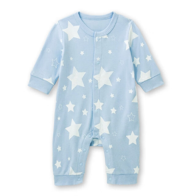 千趣会婴幼儿秋装连体衣纯棉舒适长袖落肩袖男女宝宝爬服包屁衣 天蓝色(星星) 80cm