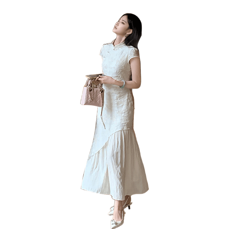西遇新中式旗袍連衣裙女2025年春季新款杏色收腰盤(pán)扣拼接短袖長(cháng)裙 杏色 M (160)