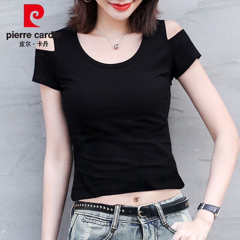皮爾卡丹（pierre cardin）短袖T恤女時尚短款夏季新款露肩露臍裝黑色上衣韓版高腰緊身打底 黑色 S