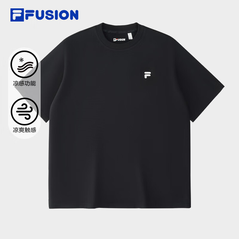 FILA FUSION斐樂潮牌情侶款針織短袖衫2025夏新款純棉寬松涼感T恤 正黑色-BK L 175/96A/L