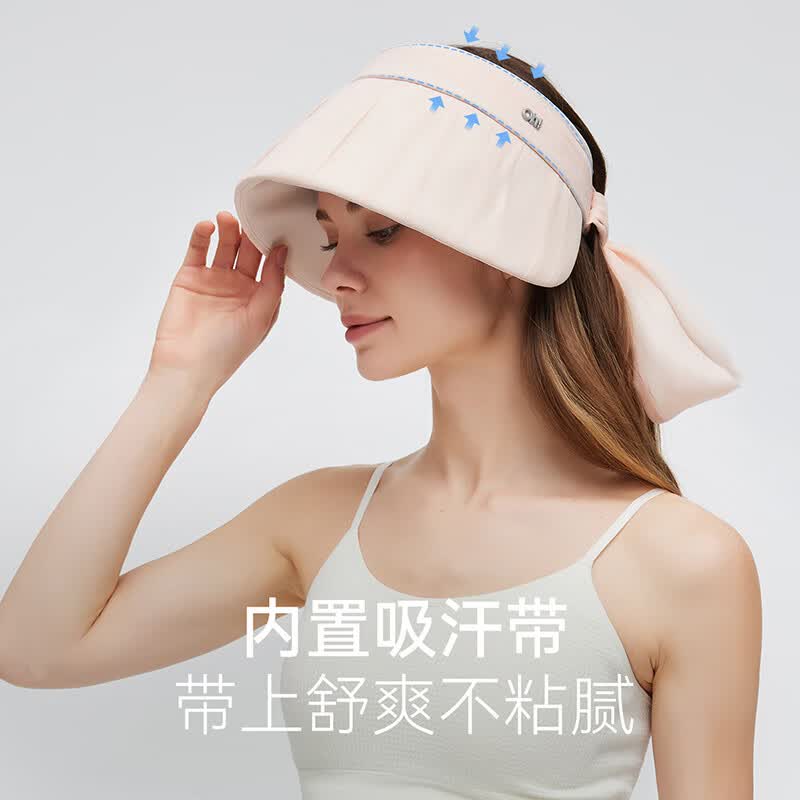 OhSunny防晒帽春夏新款户外遮阳系带西西纱空顶帽护脸时尚太阳帽 晚纱粉