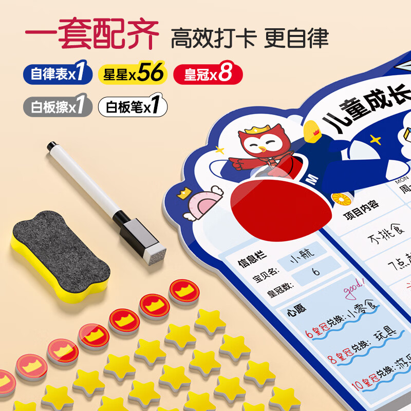 猫太子儿童成长自律表奖励打卡记录表学习计划表墙贴孩子的积分奖励贴纸家庭版提示牌鼓励小学生好习惯 中国红-升级款（56颗星星+8颗皇冠）