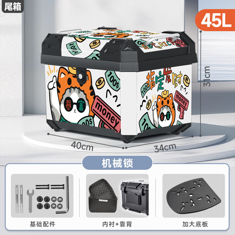 萬仕龍電動車后備箱通用大容量儲物箱適用九號雅迪臺鈴踏板摩托車后尾箱 45L【指定發(fā)財】+內(nèi)襯+靠+底板 機械鎖尾箱【送安裝配件包*1】