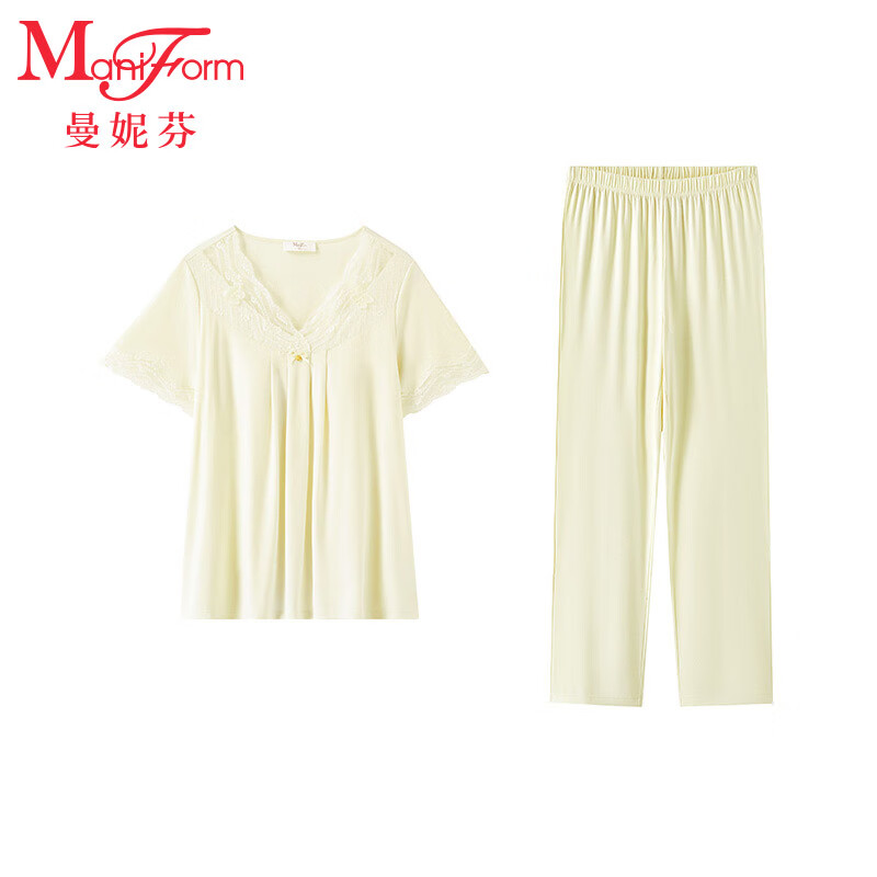 曼妮芬【帶胸墊】女家居服性感蕾絲V領(lǐng)飄袖9分褲睡衣套裝20310930 060 黃色 L 165/92A-165/76A