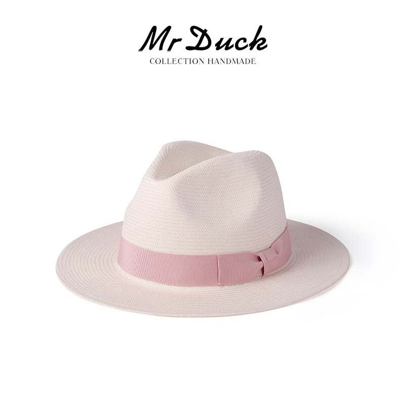Mr DUCK轻奢级 超轻薄细腻意式粉色罗缎织带巴拿马帽女 夏天遮阳帽礼帽子 MS46388-象牙白/超凡粉织带 L（58-60cm）