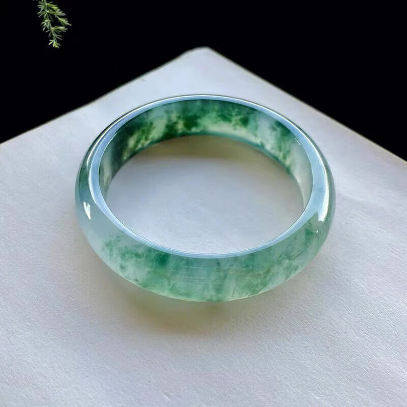 冰種飄花玉石緬甸正圈女式鐲子冰透飄花飄綠翡翠玉手鐲翠手鐲少女 53號
