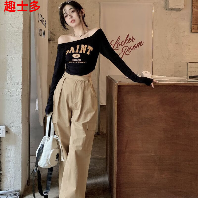 趣士多爵士舞服裝女套裝秋季辣妹套裝女法式露肩長袖上衣夏季工裝褲 黑色上衣+卡其色褲子[兩件套] L 建議105-120斤