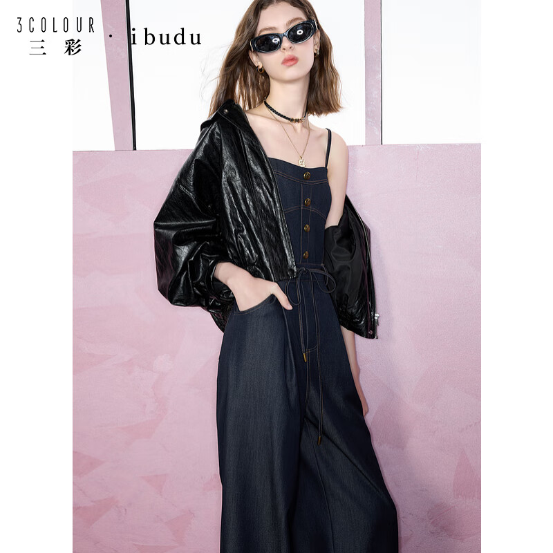 三彩2025春季新款仿牛仔連體褲長(zhǎng)褲休閑褲直筒褲顯瘦女 深海藍(lán) S 155/80A
