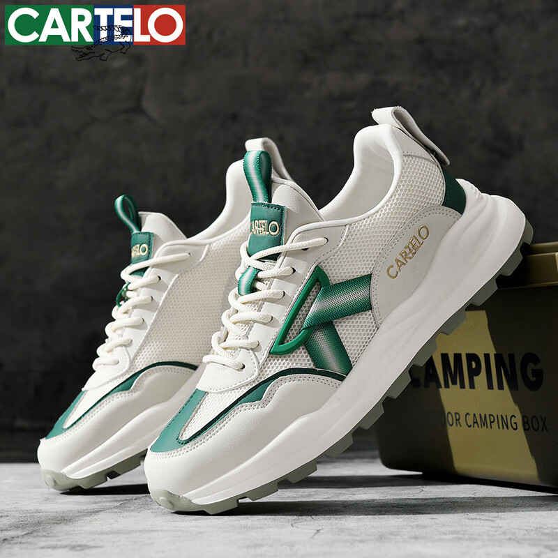 卡帝乐鳄鱼男鞋网面潮流百搭防滑透气厚底男士运动休闲鞋鞋子男 米绿 40