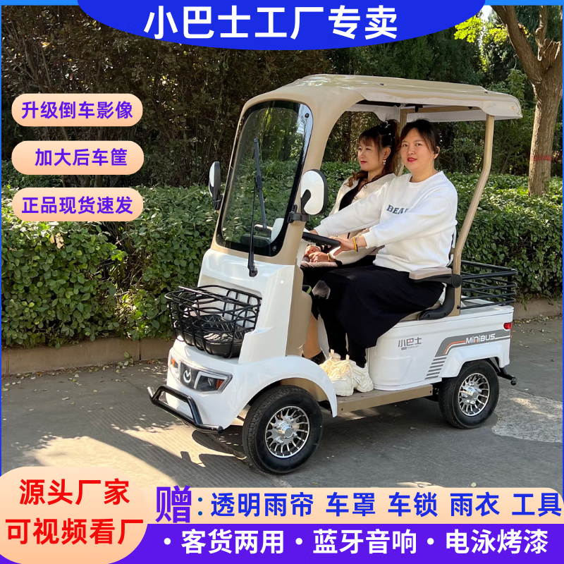 Minibusev德州小巴士電動四輪車兩人電瓶車家用老頭樂代步車帶棚接送孩子A2 800W+60V35AH黑金電池+棚簾