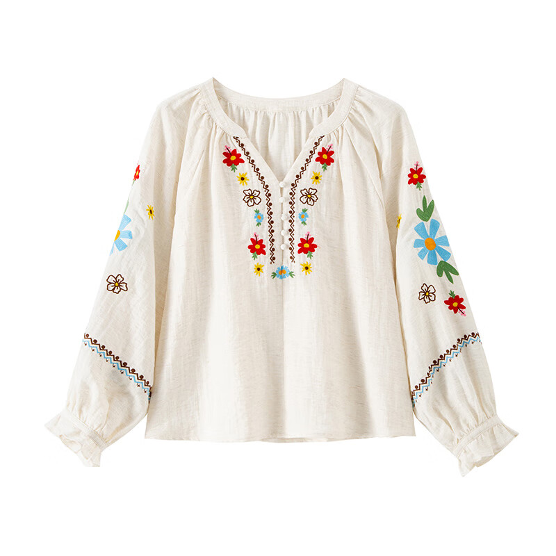 banana cici2025年春季新款民族风天丝亚麻重磅刺绣花朵刺绣衬衫C252CS627 米白 S