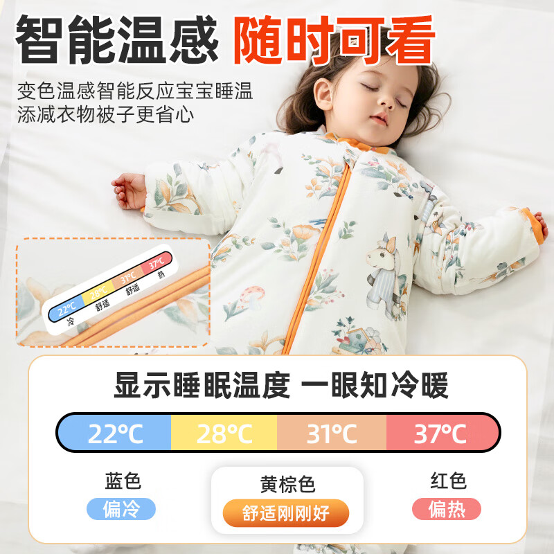 盟石（cute stone）宝宝恒温睡袋婴儿冬季儿童1-3-6岁分腿防惊跳新生儿睡衣防踢包被 独角鹿鸣【天竹×恒温/260g】 90码【空调房加厚 室温15℃】