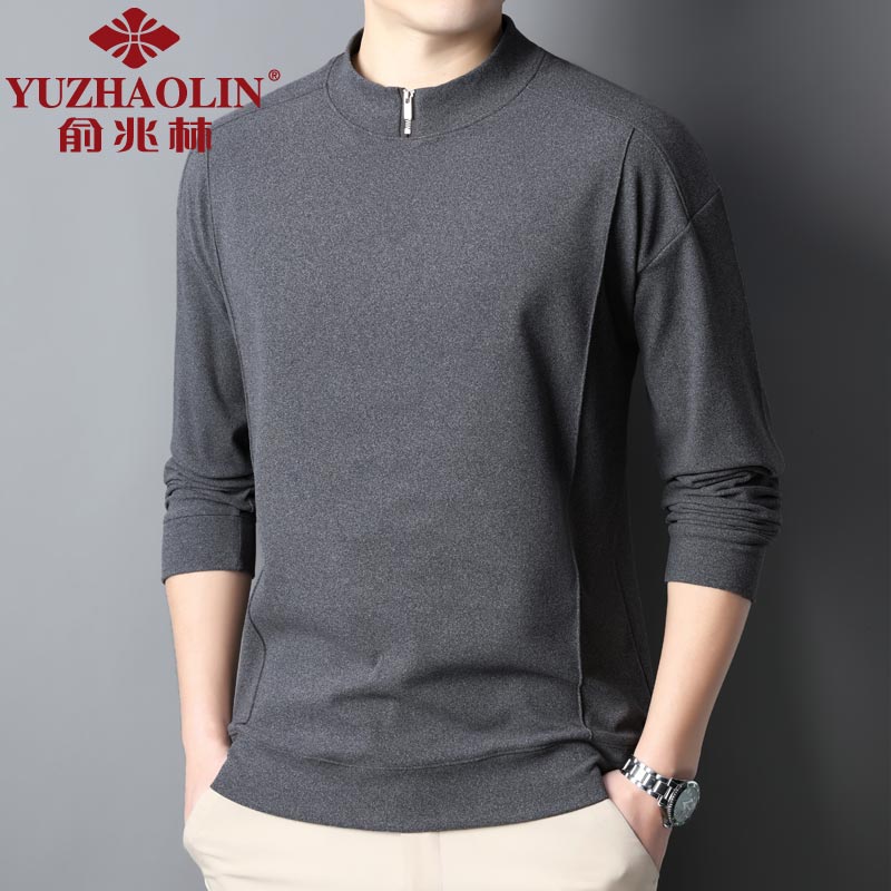 俞兆林德绒长袖t恤男士秋冬季纯色半拉链打底衫中青年磨毛保暖中领体恤 灰色 M (165) (建议90到110斤穿)