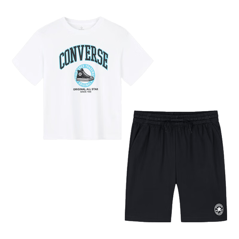 Converse匡威童装男童套装夏季新款中大童休闲短t短裤两件套宽松上衣 纯白色 130 /64 【建议身高116-122cm】