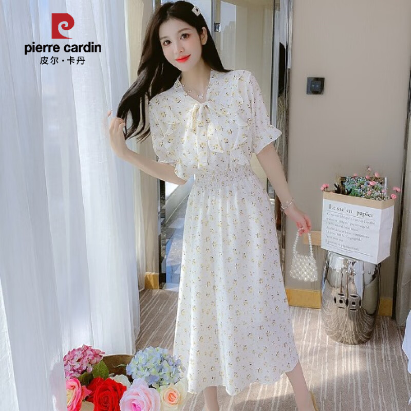 皮尔卡丹（pierre cardin）短袖碎花雪纺连衣裙子女装夏季2025新款小个子法式显瘦气质长裙春 图片色 S