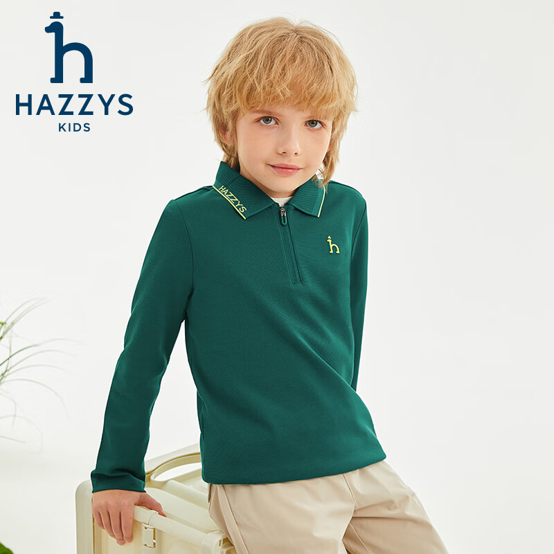 哈吉斯(HAZZYS)品牌童装男童POLO衫春季新款舒适柔软透气撞条简约时尚长袖POLO衫 沙滩灰 165