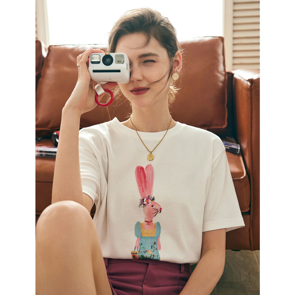 Olrain【5折】法式正肩短袖T恤女夏季宽松钉珠印花设计感体恤上衣 米白色 M