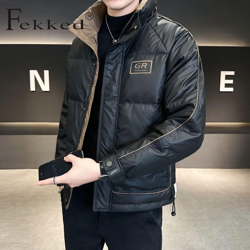 Fekked香港潮牌2024新款男士冬季立领拼接休闲保暖外套时尚百搭羽绒服潮 黑色 L