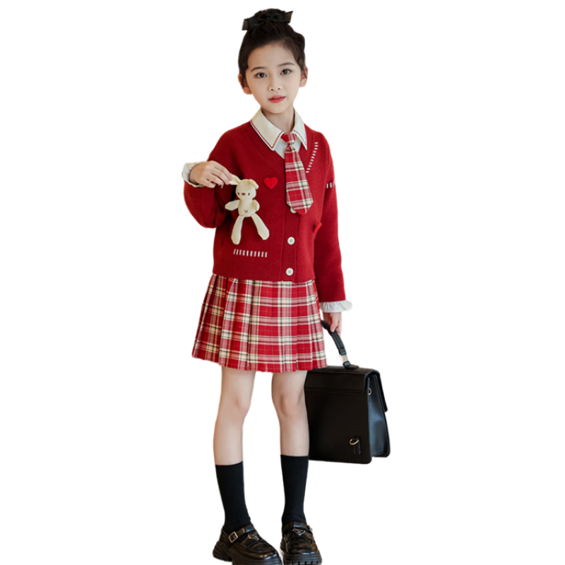 G.duck童装女童套装春秋学院风儿童JK裙子洋气可爱女大童毛衣衬衫三件套 红色三件套 120 (建议身高110cm 6-7岁)c