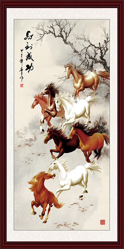 万马奔腾墙画八骏图挂画玄关装饰画竖版过道马到成功客厅油画 m-39-1