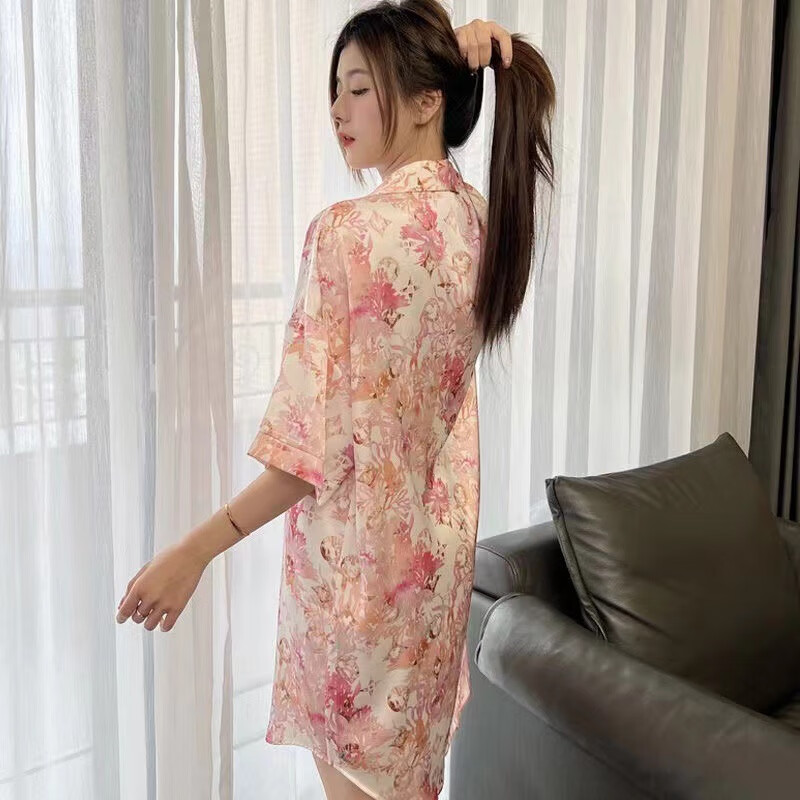 网红直播爆款冰丝睡衣女夏季短袖性感时尚可外穿大码家居服睡裙 随机发