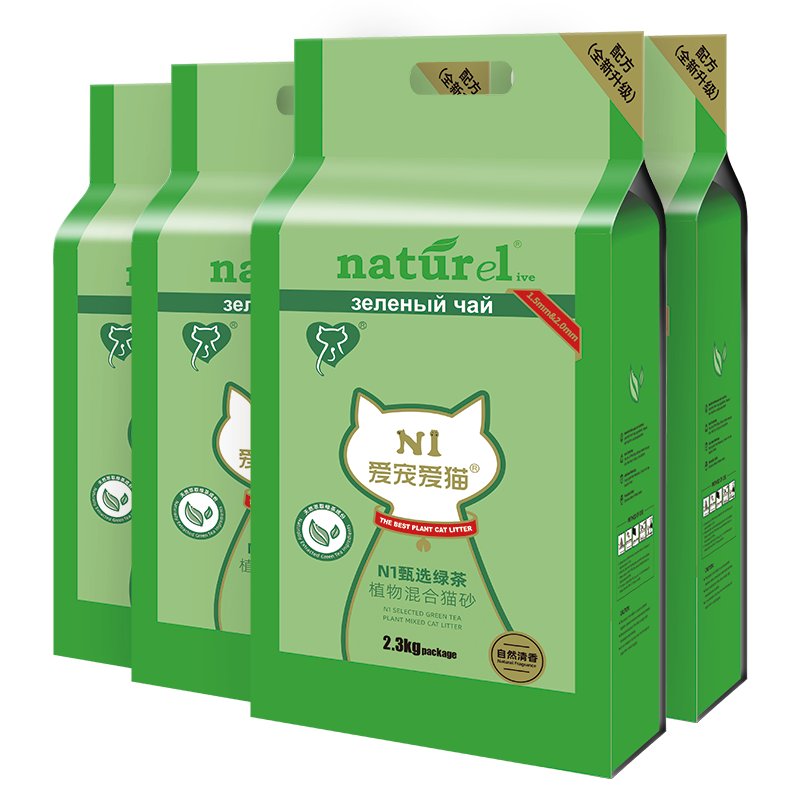 plus：N1 爱宠爱猫n1 甄绿茶原味双拼纯豆腐猫砂 2.3kg*4包