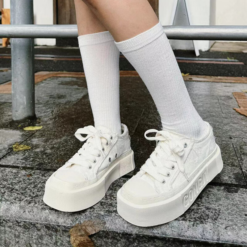 共迹gongji周深同款厚底帆布鞋厚底鞋女鞋秋季2025增高板鞋小白鞋运动休闲鞋 象牙白 /偏大一码 36