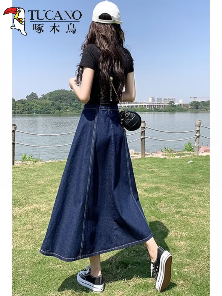 啄木鸟（TUCANO）牛仔裙半身裙女春夏季大码胖mm高腰显瘦a字设计感中长伞裙松紧腰 深蓝色 深蓝色 M