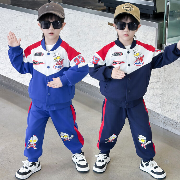 G.duck联名奥特曼衣服男童套装春秋2025新款拼接连帽儿童卫衣裤子两件套 奥特曼机车服藏青 110 （建议身高100cm 4-5岁）cm