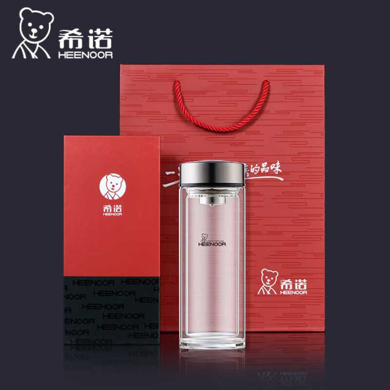 希诺(heenoor)双层玻璃杯男士XN9302小熊水杯家用大容量便携泡茶商务杯团购批发 XN9302-345ml-经典小熊盖
