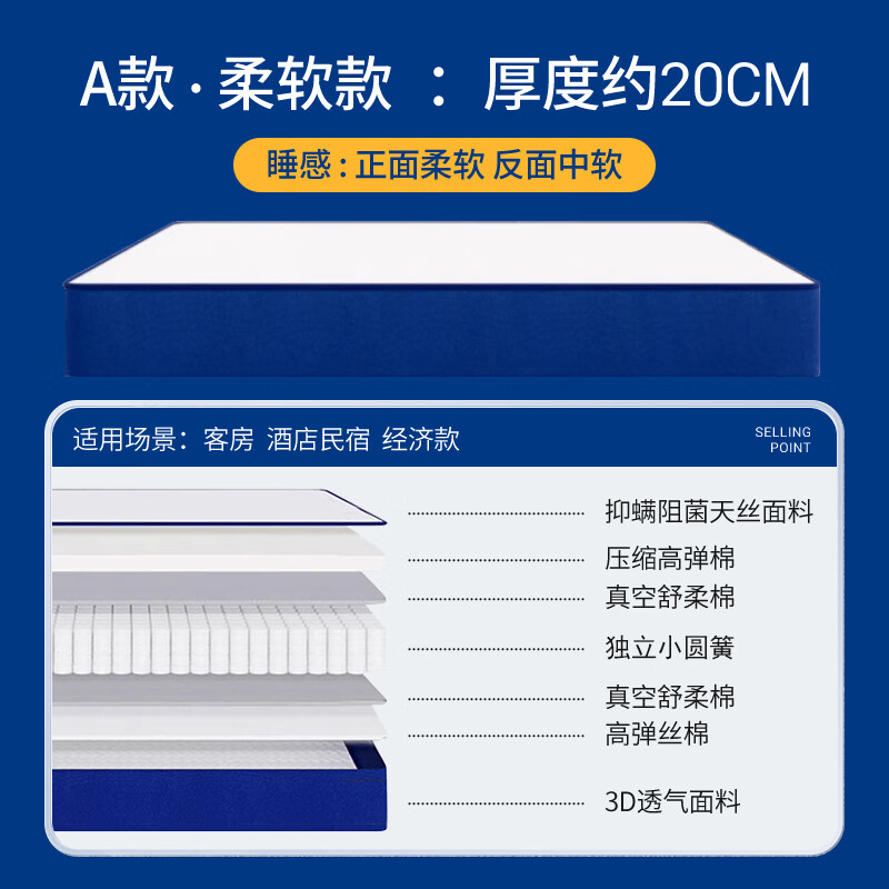 海綿床墊記憶棉卷包盒子壓縮卷包床墊席夢思乳膠2米22米海馬乾坤H A柔軟款[厚度約20cm客房租房] 1200x1900mm