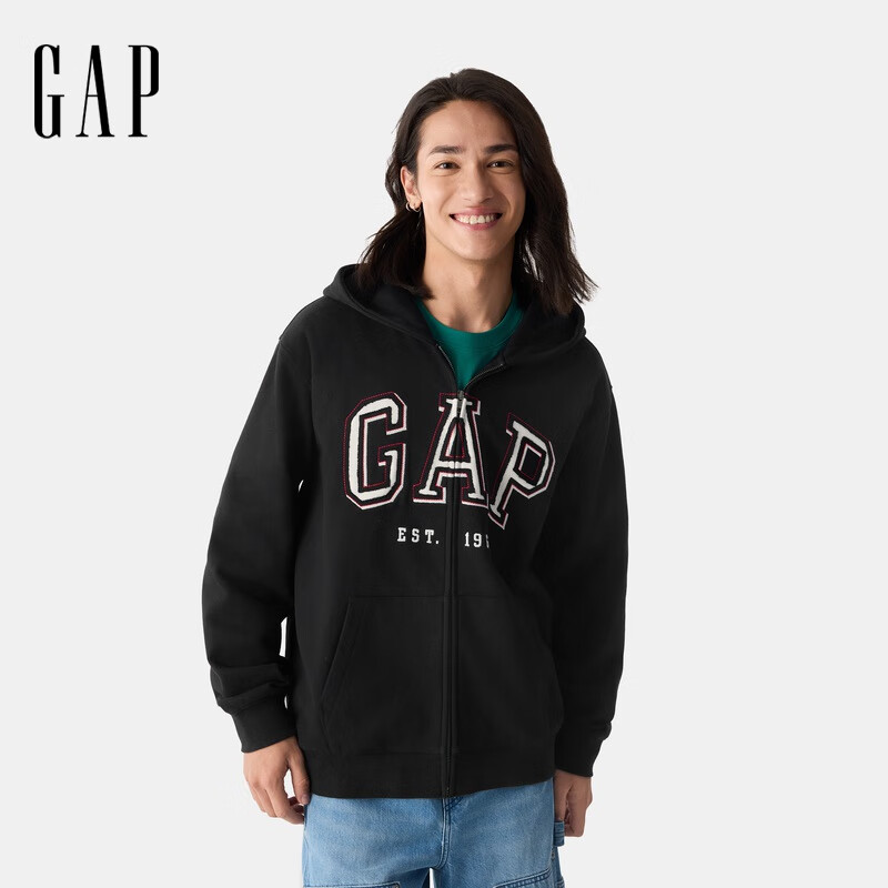 GAP男女装春季款logo法式圈织拉链连帽卫衣宽松外套720972 黑色 （贴布绣logo） M (170/92A) 亚洲尺码
