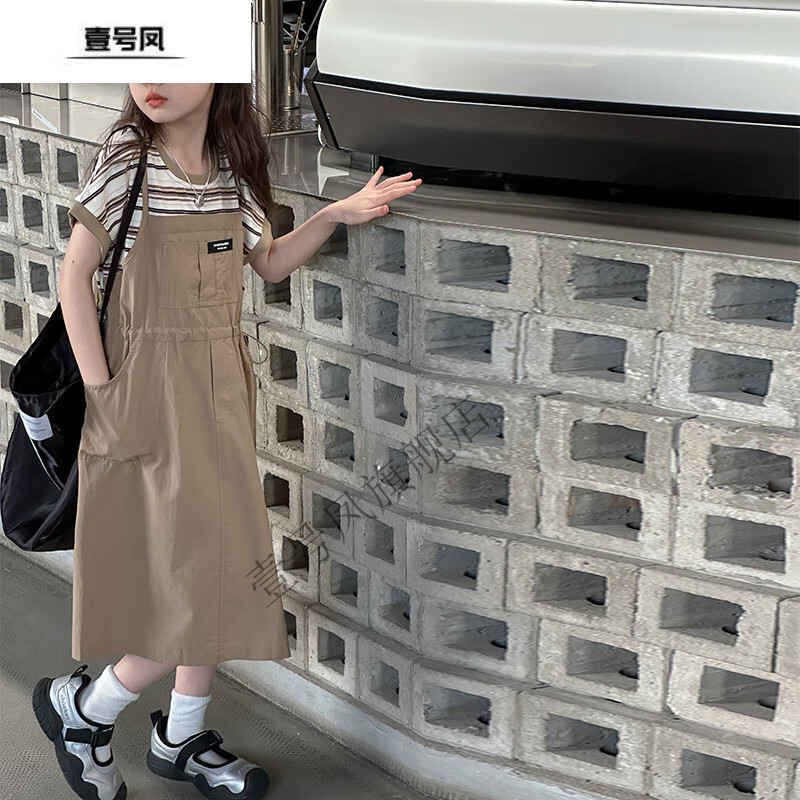 壹號鳳女童連衣裙夏季2024新款兒童女大童夏裝洋氣中長款條紋假兩件裙子 卡其色 150 cm