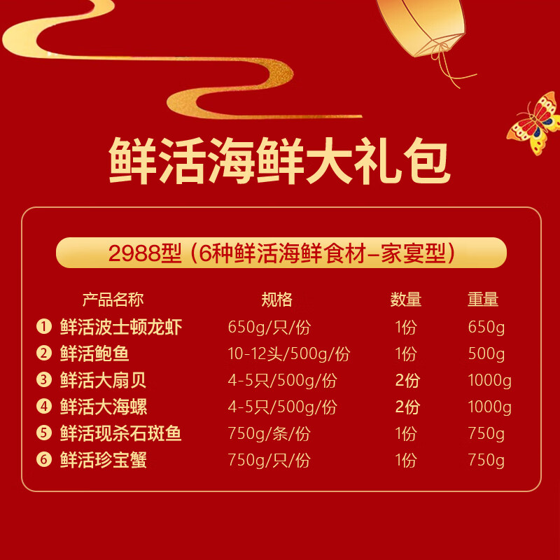【鲜活】海鲜礼盒鲜活大礼包年货送礼套餐团圆饭组合 海鲜大礼包 2988型6种9斤含鲜活大龙虾/鲍鱼/珍宝蟹