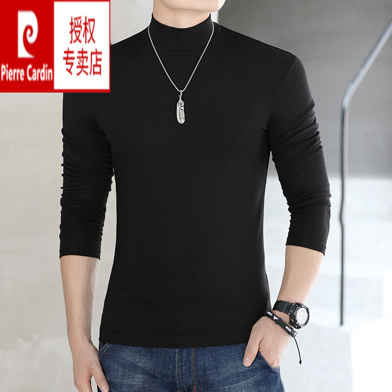 皮尔卡丹纯棉半高领打底衫男士大码春秋纯色内搭厚款长袖t恤青年保暖秋衣 白色 2XL 160斤左右穿