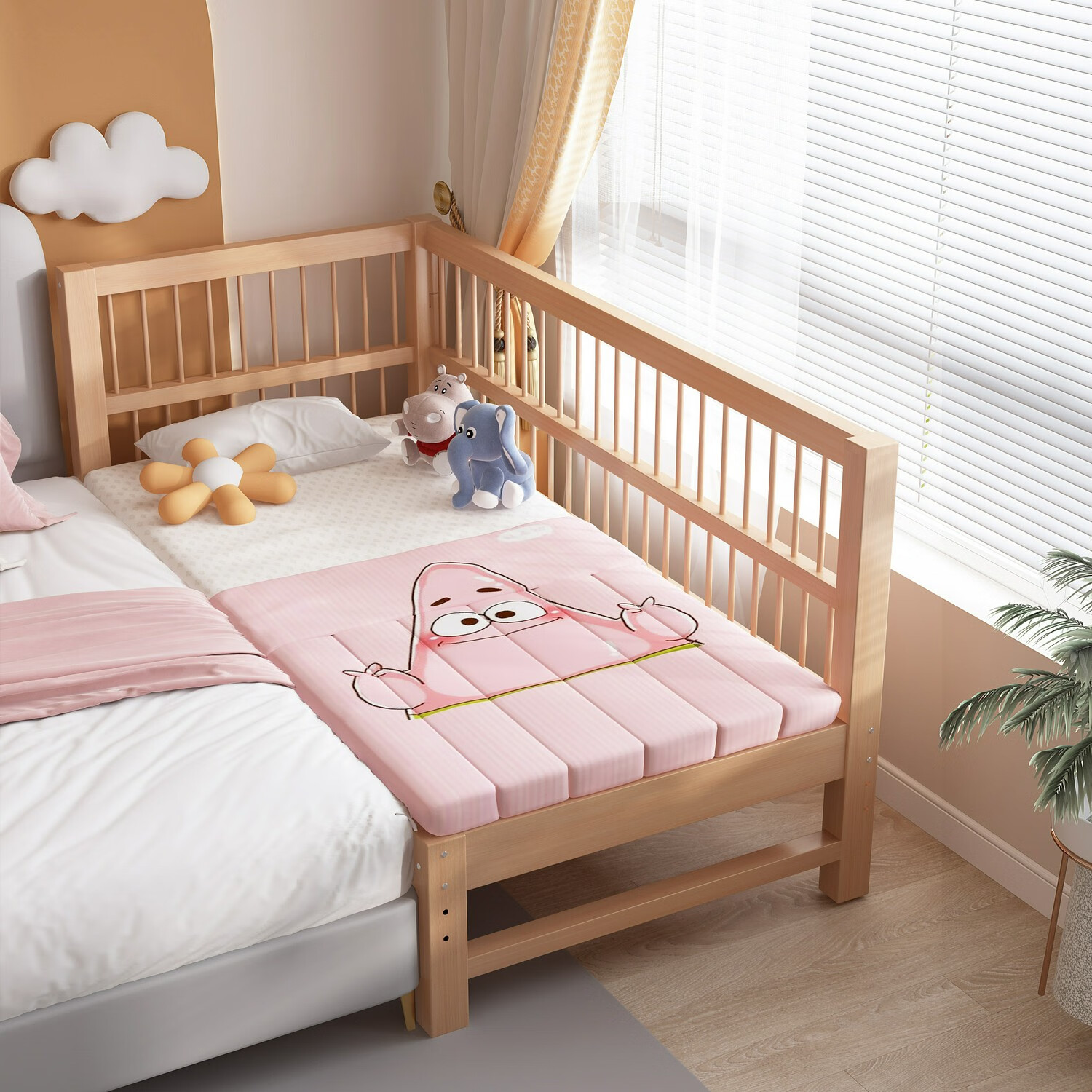 喜夢寶(X.M.B)XMB山毛櫸木雙層加高護(hù)欄可升降拼接兒童床純實木嬰兒床男女調(diào)節(jié) 兩面護(hù)欄無梯側(cè)護(hù)欄升降原木 150x60cm