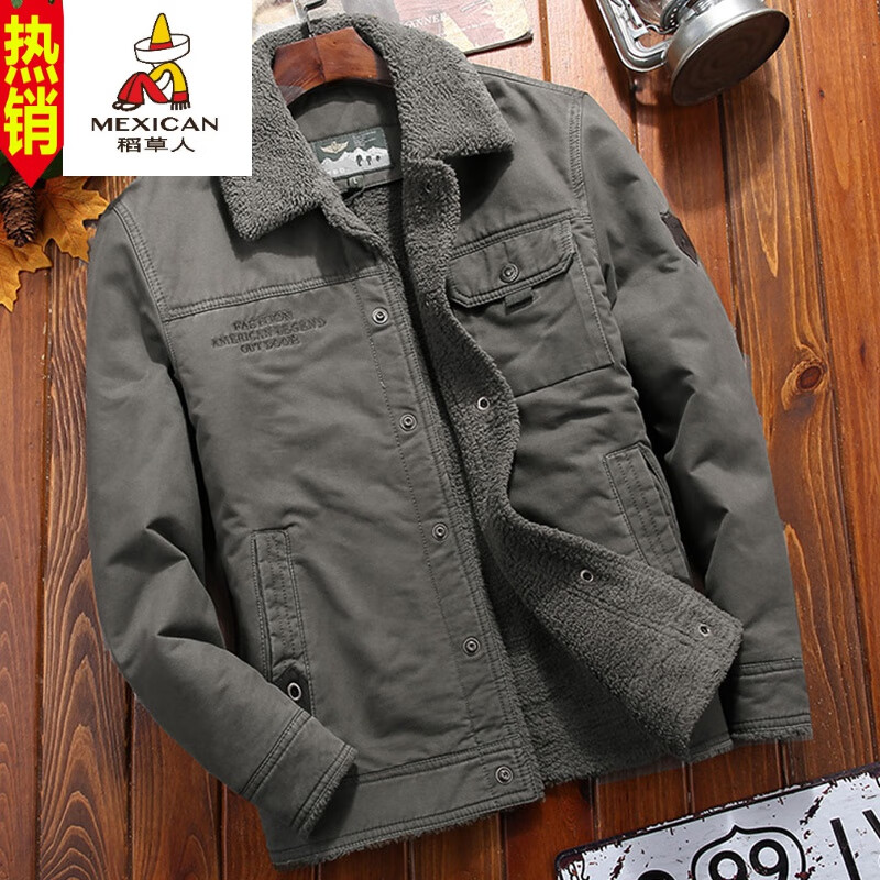 稻草人冬季加絨加厚牛仔外套男羊羔絨保暖大碼棉衣修身男士休閑工裝夾克 軍綠色 XL